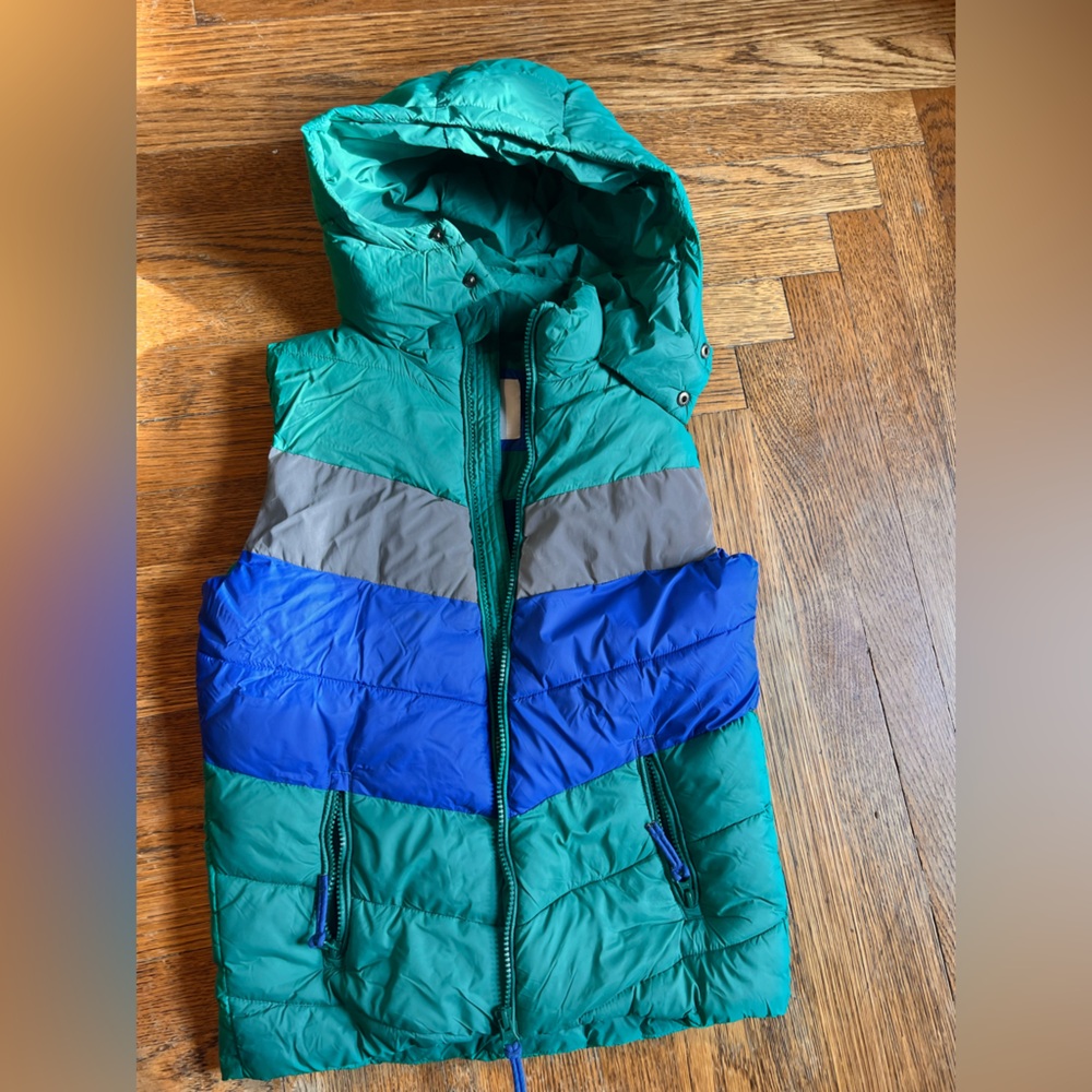 Boden Green and Blue Kids Puffer Vest, 9-10